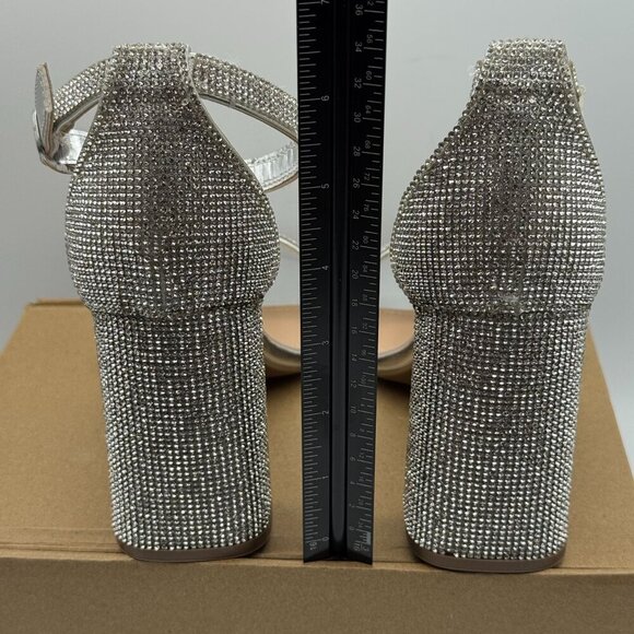 Journee Womens Idda Rhinestone Silver Textile High Block Heel Sandals Size 8 - Picture 4 of 9